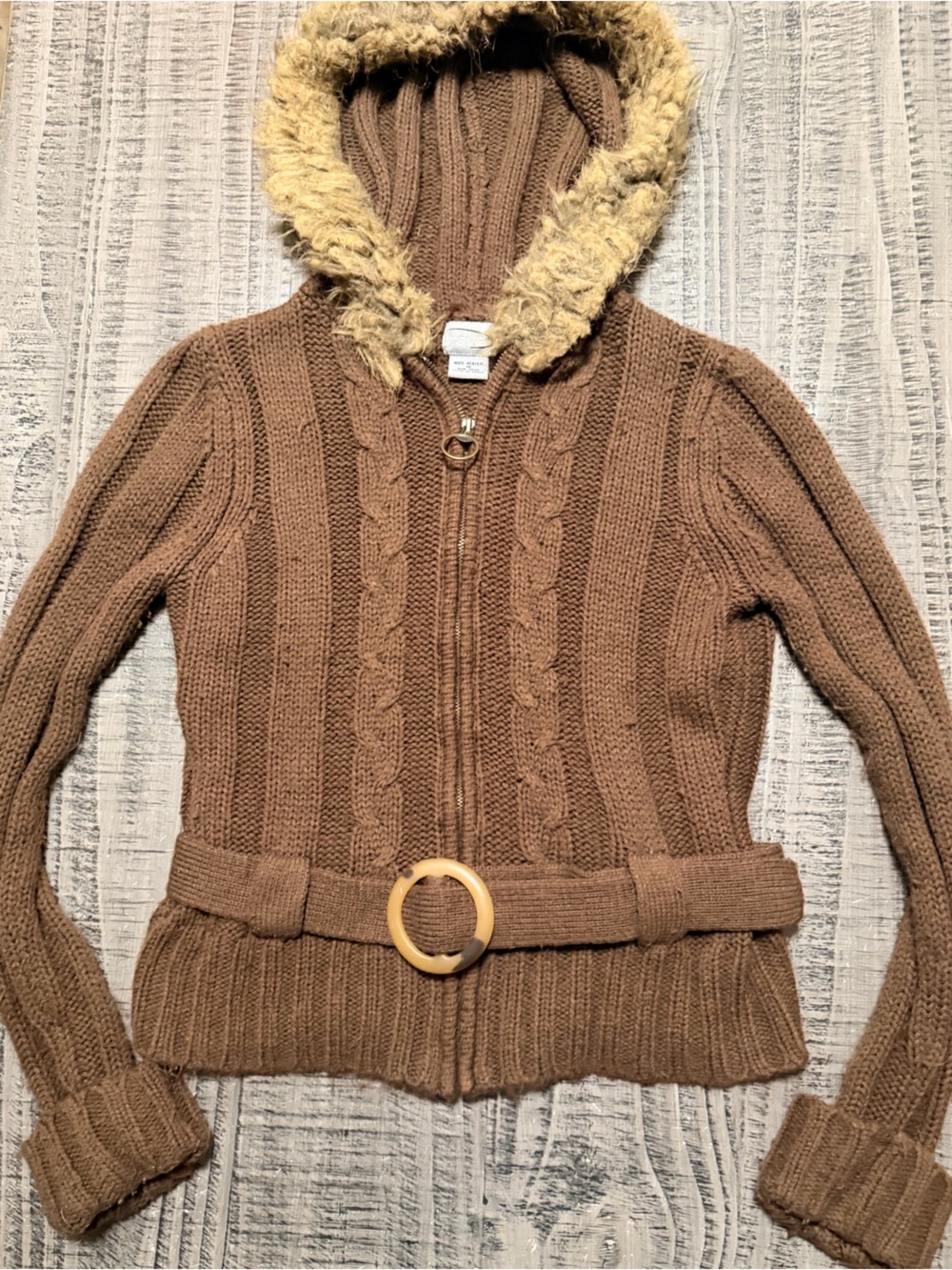 rave Brown Cable-Knit Off-Shoulder Sweater with Faux Fur Hood